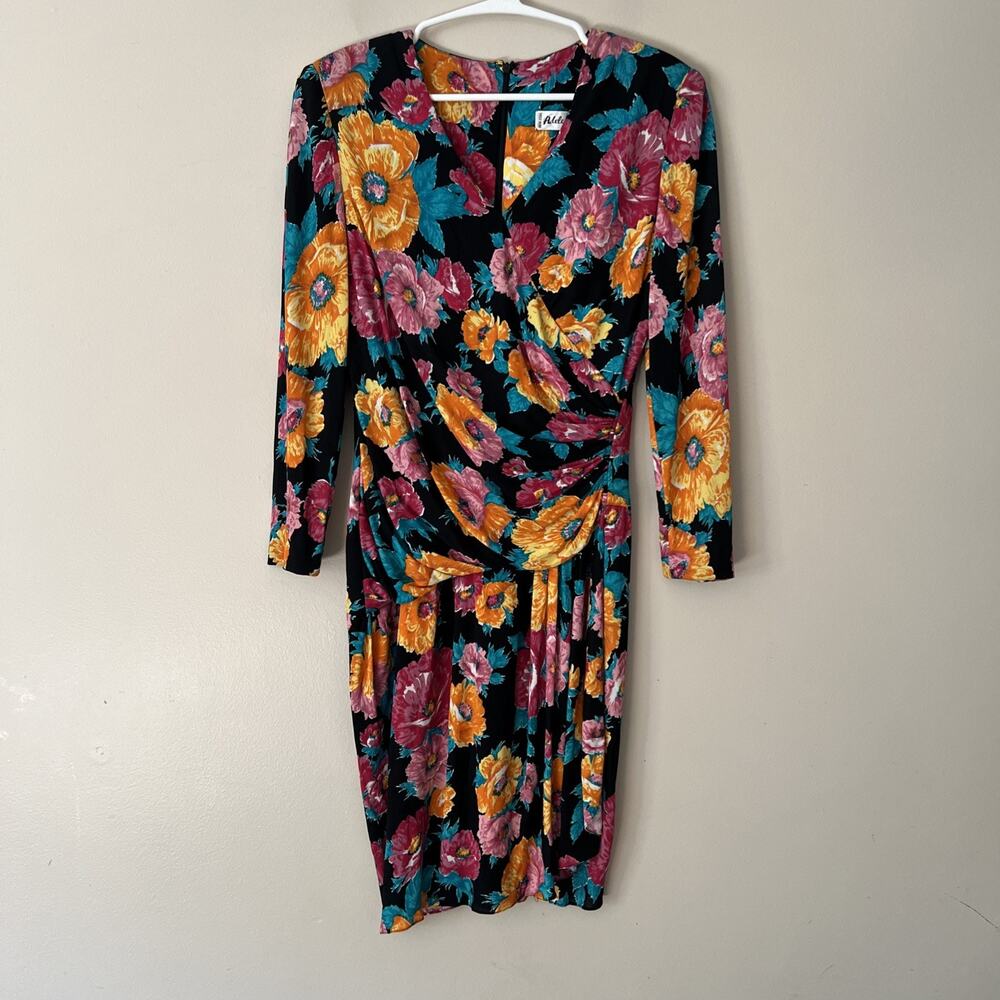 Adele Simpson Vintage Floral Patterned Faux Wrap Midi Dress Women’s Size 4